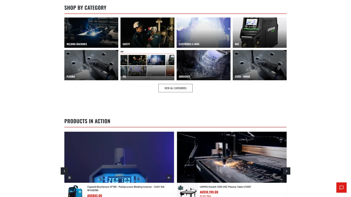 Electroweld storefront - Shop by Category tiles and Products in Action carousel
