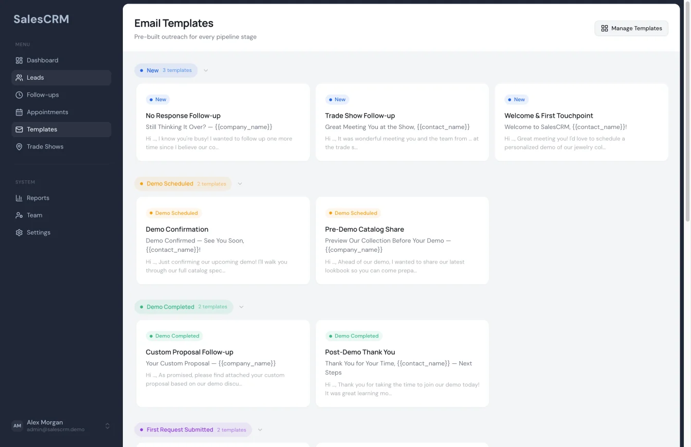 SalesCRM Email Templates - stage-grouped templates for new, demo scheduled, demo completed, first request